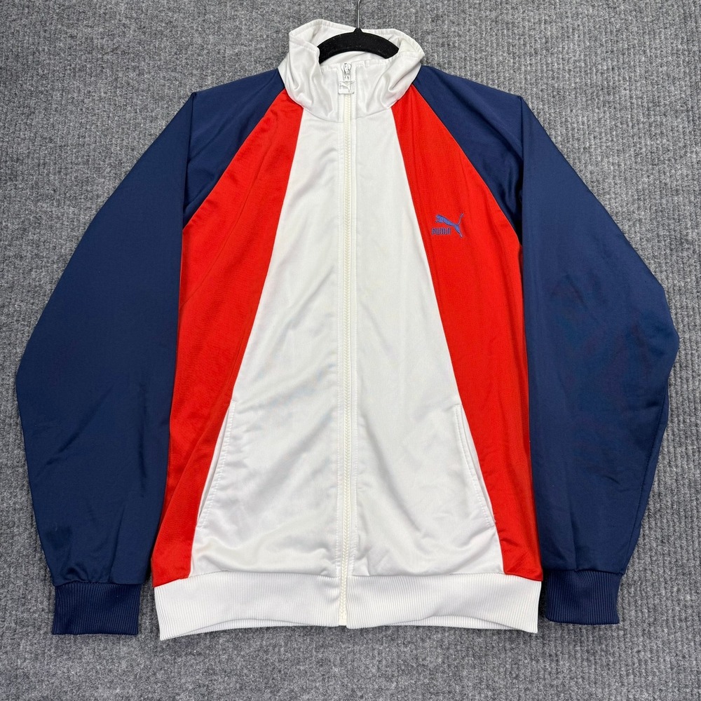 Vintage Puma Track Jacket Mens Medium Colorblock Red White Navy Blue Full Zip